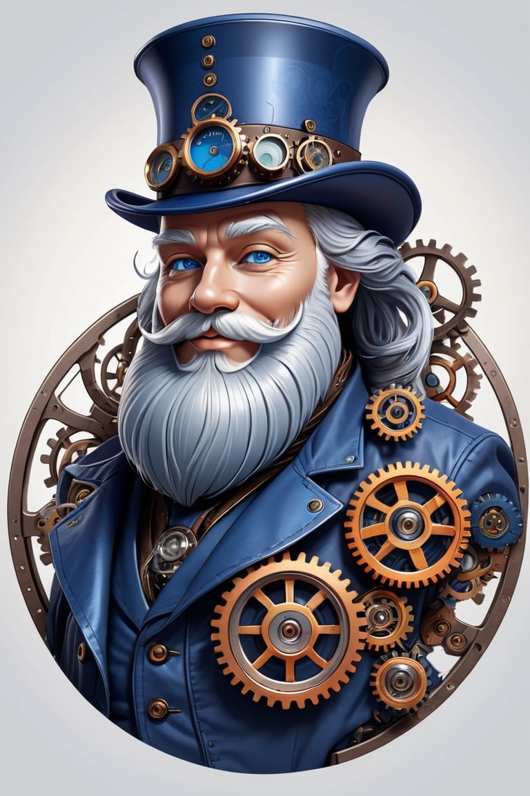 Portrait of santa, steampunk, indigo blue, colorful, illustration, highly detailed, simple, smooth, and clean vector, no jagged lines, vector art, smooth, made all with grey colored gears inspired by future technology