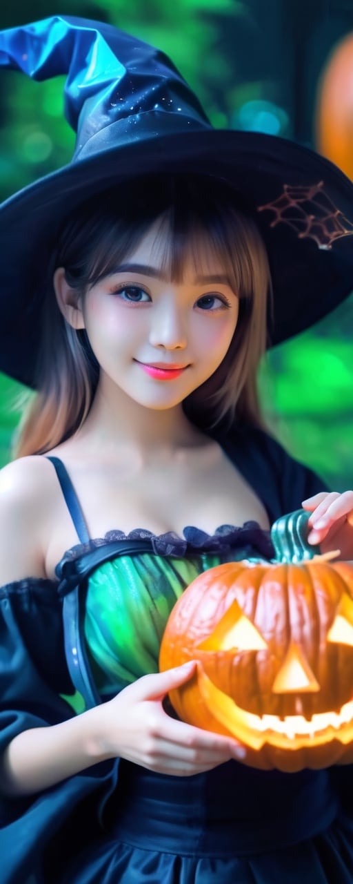 ((1 girl with Halloween costume and wizard hat holding a halloween pumpkin , in the halloween night festival,adorable, happy)),  (8k, best quality, masterpiece:1.2), best quality, ultra highres, a chest up watercolor painting of a beautiful student model, looking at viewer, shoulder, dark chignon, kind smile, greasy lips, hair ribbons, white strapless tops, colorful tone, (black+blue+pink+green color:1.2), extremely luminous bright design, pastel colors, (ink:1.3), early spring lights, wet on wet, paper texture, on papar,cutegirlmix, perfect breasts, see_through