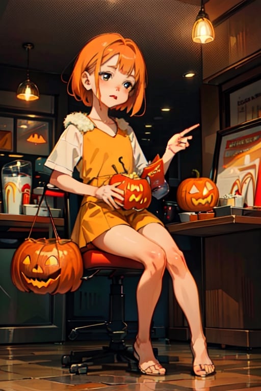 loli, a halloween girl holding a halloween pumpkin,the pink fur beautiful, body, full body,short hair, orange hair, sitting, black eyes, correct_anatomy, original_character, saki,girl, flat_color,SAM YANG