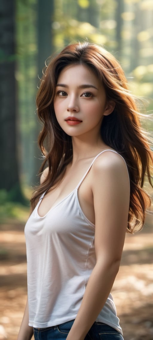 (masterpiece, Best Quality, photorealistic, ultra-detailed, finely detail, high resolution, 8K wallpaper), a close-up portrait of 1 beautiful woman, standing in the forest, have a big stretch in the morning, facing the sunshine, smiling happily, light-brown messy long hair, untidy hair, in silver tank top, armpits, sharp-focus, large-sized breasts, cleavage, perfect dynamic composition, beautiful detailed eyes, detailed hair, detailed realistic skin texture, strong morning sunlight,