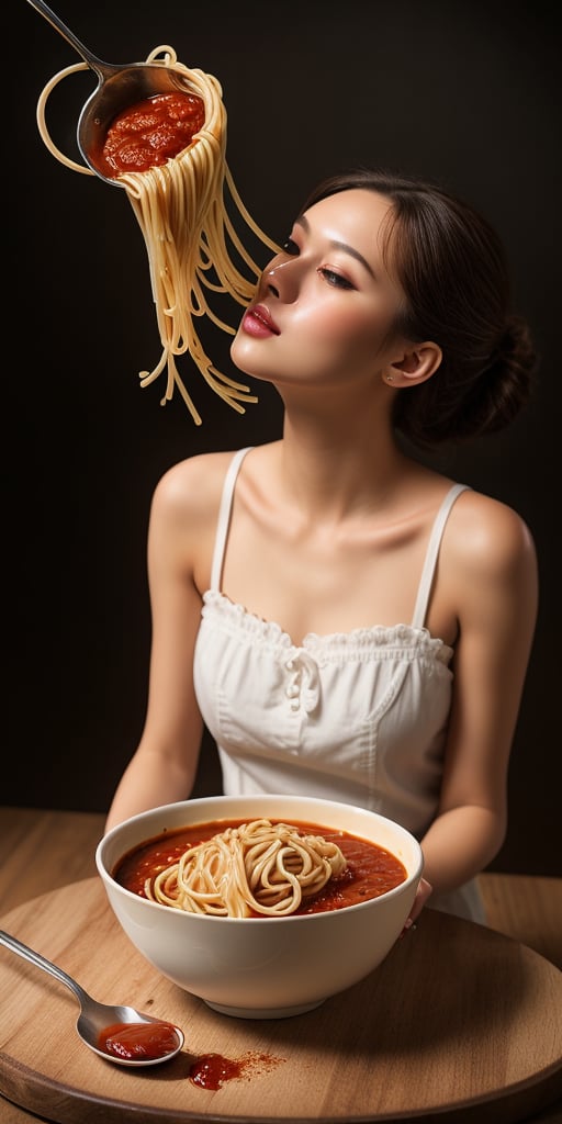 shooting foodstyling,, spaghetti are flying, splash of tomato sauce
 BEST QUALITY, MASTERPIECE, PHOTOREALISTIC:1.9, DRAMATIC LIGHT, infinite mirror background,
,colorful_girl_v2,arshadArt,alluring_lolita_girl,anamr