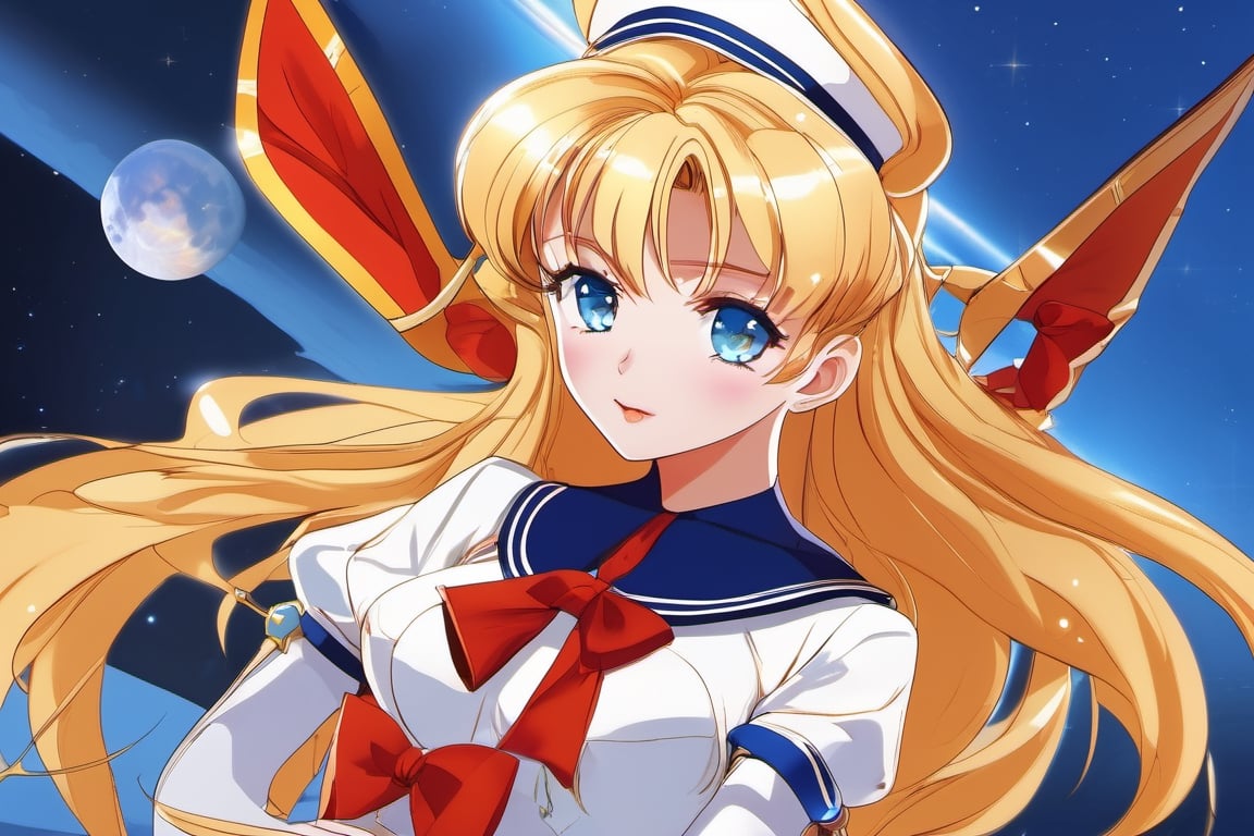 (((3 stars in a banana))) (a beautiful Japanese model),Masterpiece, Full: 1.3, Stand, 8K, 3D, Realistic, Ultra Micro Shooting, Top Quality, Extreme Detail CG Unity 8K Wallpaper, from below, intricate details, 27 years old, (meishaonv Sailor Venus super sailor venus mer1, Tiara, Sailor Senshi Uniform Sailor: 1.2, Sailor Venus: 1.2), Impossibly long bright twin-tailed blonde, thin and very long straight twin-tailed blonde, hair bun, red round hair ornament in a hair bun, Sailor Senshi uniform, (blue collar, blue sailor collar, blue pre-gate mini skirt: 1.3, very large red bow on the chest: 1.3, long white latex gloves: 1.3, red gloves on the elbows, Very large red bow behind the waist: 1.1, cleavage is looking large, golden tiara, earrings), (face details: 1.5, bright blue eyes, beautiful face, beautiful eyes, shiny eyes, thin lips: 1.5, thin and sharp pale eyebrows, long dark eyelashes, double eyelashes), luxurious golden jewelry, huge white wings,thin, thin and muscular, small face, big breasts, perfect proportions, Thin waist, sexy model pose, visible pores, seductive smile, perfect hands: 1.5, high-leg swimsuit, very thin and fit high-gloss white holographic leather, octane rendering, very dramatic image, strong natural light, sunlight, exquisite lighting and shadow, dynamic angle, DSLR, sharp focus: 1.0, Maximum clarity and sharpness, (space background, moonlight, moon, dynamic background, detailed background)
,sv1