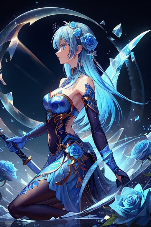 A long, slender sword made of pure blue ice. The blade is decorated with intricate carvings of blue roses. A sword embedded in an ice glacier, in the background are beautiful blue ice roses.,DonMF41ryW1ng5