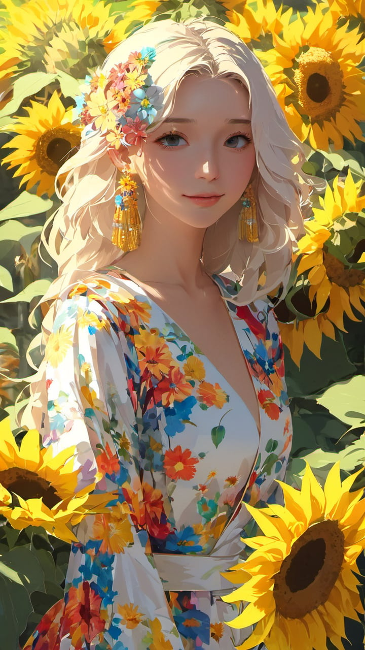 portrait,woman, flower dress, colorful, darl background,flower armor,white theme,dfdd,2d_animated,niji5,sunflowers