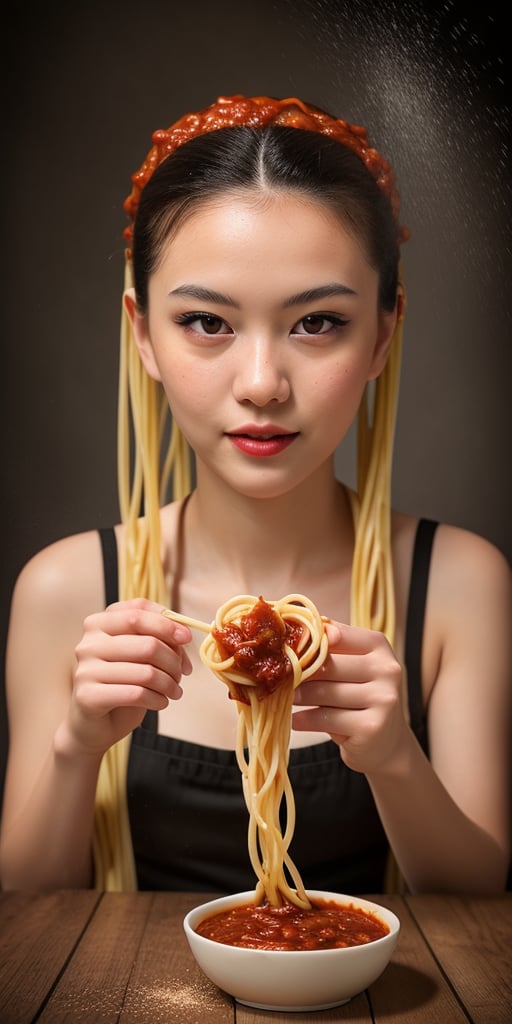 shooting foodstyling,, spaghetti are flying, splash of tomato sauce
 BEST QUALITY, MASTERPIECE, PHOTOREALISTIC:1.9, DRAMATIC LIGHT, infinite mirror background,
,colorful_girl_v2,arshadArt,alluring_lolita_girl,anamr