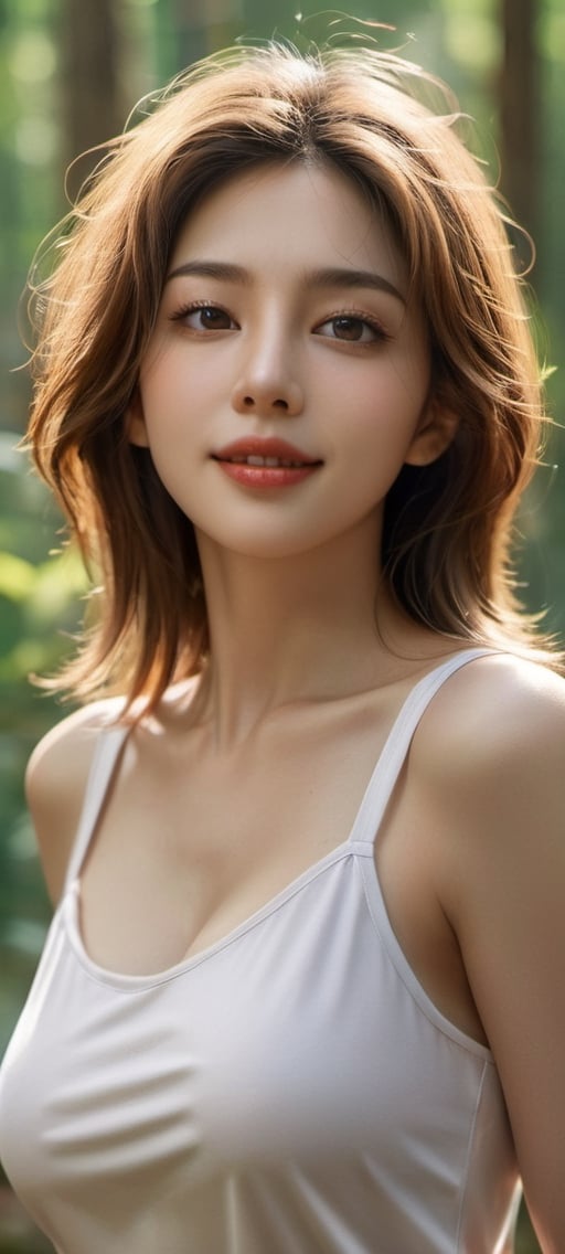 (masterpiece, Best Quality, photorealistic, ultra-detailed, finely detail, high resolution, 8K wallpaper), a close-up portrait of 1 beautiful woman, standing in the forest, have a big stretch in the morning, facing the sunshine, smiling happily, light-brown messy long hair, untidy hair, in silver tank top, armpits, sharp-focus, large-sized breasts, cleavage, perfect dynamic composition, beautiful detailed eyes, detailed hair, detailed realistic skin texture, strong morning sunlight,