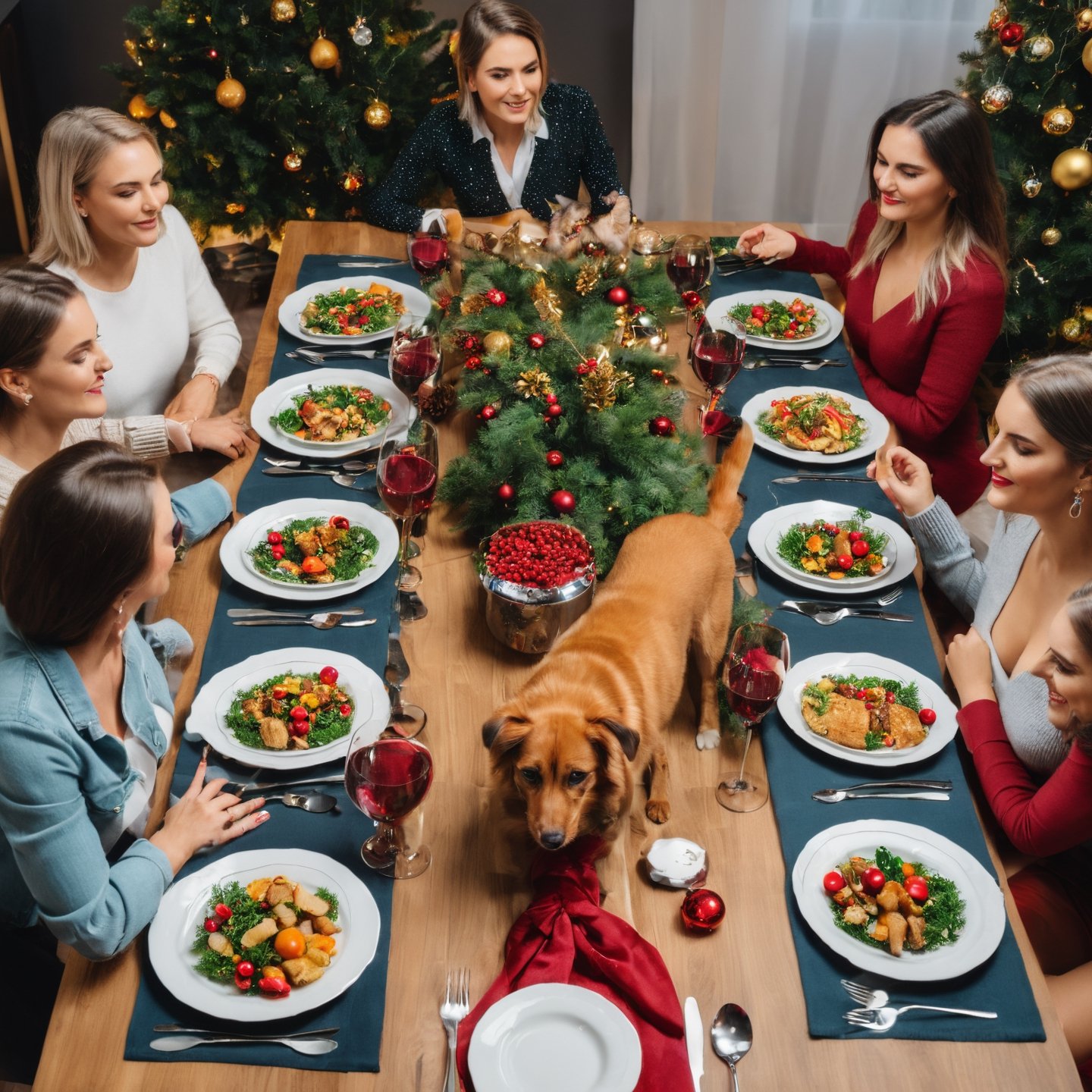 A large extended family led by lesbians sitting at a a modern stylish table for Xmas  Dinner, They are very beautiful, They are very fit. A cat and a dog are begging for table scraps. Female Superiority, Female Led Society