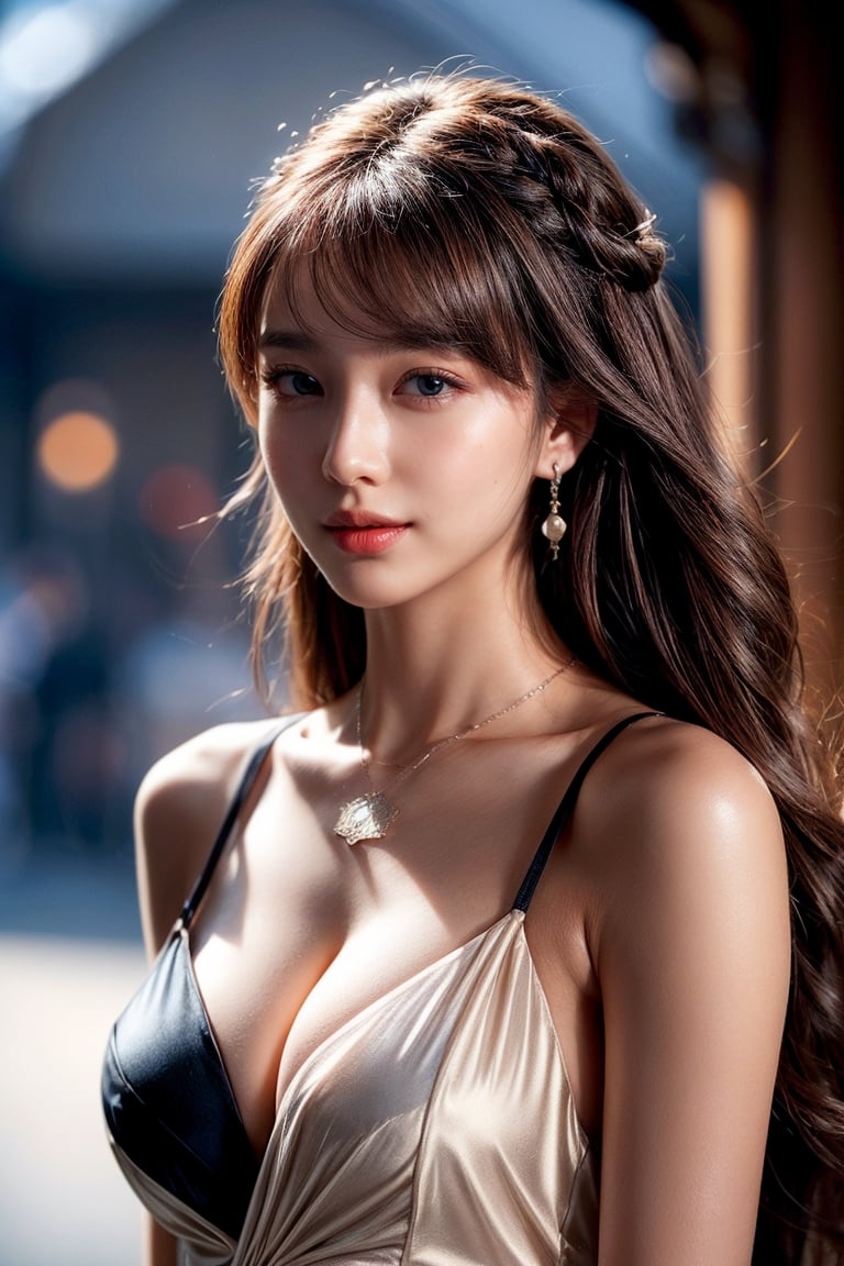 1 beautiful F1 race queen , very bright backlighting, solo, {beautiful and detailed eyes}, summer night, large breasts, calm expression, natural and soft light, hair blown by the breeze, delicate facial features, Blunt bangs, beautiful korean girl, eye smile, very small earrings, 22yo, ((look below )), Glamor body type,(colorful hair, Half red and half brown hair:1.2), flim grain, realhands, a masterpiece, Best Quality, photorealistic, ultra-detailed, finely detailed, high resolution,brown messy hair, perfect dynamic composition, beautiful detailed eyes, asian girl,((nervous and embarrassed)),sharp-focus,  beautymix, FilmGirl,smile,(wearing a  medieval European-style dress,necklace:1.3),(revealing a glimpse of cleavage :1.3),cowboy_shot