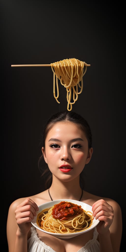 shooting foodstyling,, spaghetti are flying, splash of tomato sauce
 BEST QUALITY, MASTERPIECE, PHOTOREALISTIC:1.9, DRAMATIC LIGHT, infinite mirror background,
,colorful_girl_v2,arshadArt,alluring_lolita_girl,anamr