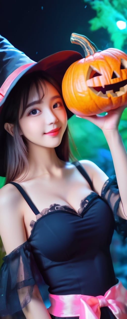 ((1 girl with Halloween costume and wizard hat holding a halloween pumpkin , in the halloween night festival,adorable, happy)),  (8k, best quality, masterpiece:1.2), best quality, ultra highres, a chest up watercolor painting of a beautiful student model, looking at viewer, shoulder, dark chignon, kind smile, greasy lips, hair ribbons, white strapless tops, colorful tone, (black+blue+pink+green color:1.2), extremely luminous bright design, pastel colors, (ink:1.3), early spring lights, wet on wet, paper texture, on papar,cutegirlmix, perfect breasts, see_through