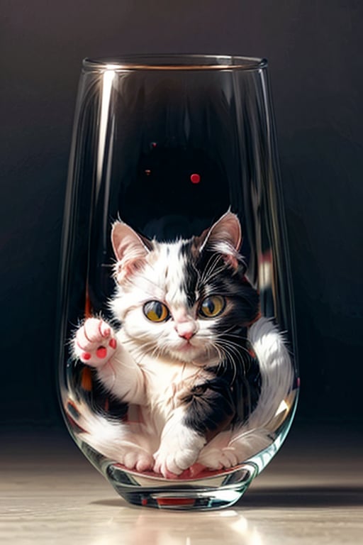 Cute tiny little kitty, poking out of a wine glass , cats are water,cat, furry, cute, detailed background, one cat only