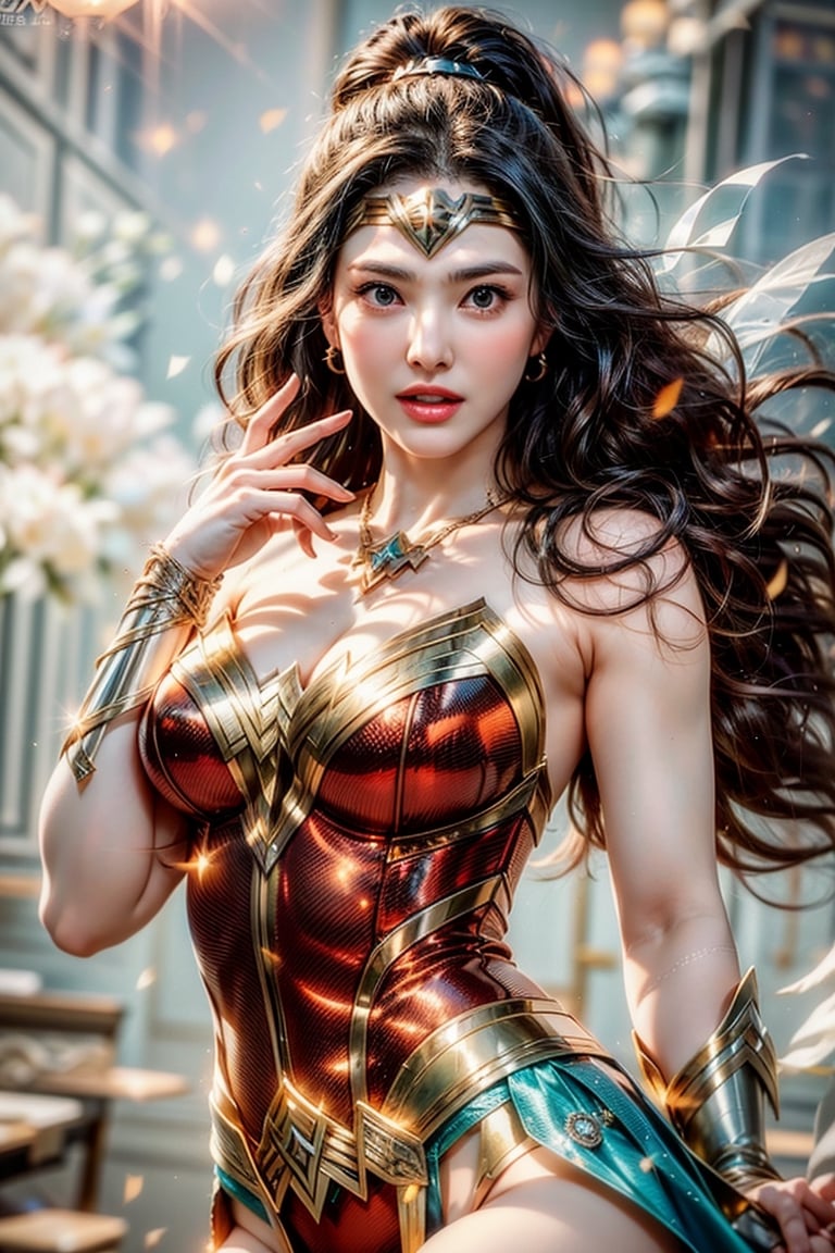 wonder woman kicking,opening legs, Japanese model girl, (1girl, solo), (wonder woman costume:1.2), 23yo, high ponytail, [long] black straight hair, huge natural breasts, narrow waists, (aqua earrings, diamond necklaces), (charming smile), [white teeth], hair blown by the breeze, 

(upper body portrait), looking at viewer, (pose, kicking), cinematic shot, natural and soft lighting, 

(normal body structure), (correct proportions), (normal limbs and fingers), better_hands, 
(masterpiece, best quality:1.4), (beautiful, aesthetic, perfect, delicate, intricate:1.2), (realistic:1.3)