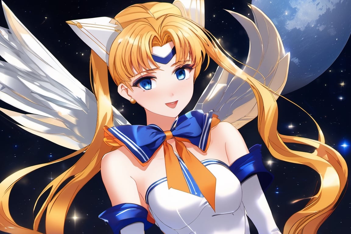 (((3 stars in a banana))) (a beautiful Japanese model),Masterpiece, Full: 1.3, Stand, 8K, 3D, Realistic, Ultra Micro Shooting, Top Quality, Extreme Detail CG Unity 8K Wallpaper, from below, intricate details, 27 years old, (meishaonv Sailor Venus super sailor venus mer1, Tiara, Sailor Senshi Uniform Sailor: 1.2, Sailor Venus: 1.2), Impossibly long bright twin-tailed blonde, thin and very long straight twin-tailed blonde, hair bun, red round hair ornament in a hair bun, Sailor Senshi uniform, (blue collar, blue sailor collar, blue pre-gate mini skirt: 1.3, very large red bow on the chest: 1.3, long white latex gloves: 1.3, red gloves on the elbows, Very large red bow behind the waist: 1.1, cleavage is looking large, golden tiara, earrings), (face details: 1.5, bright blue eyes, beautiful face, beautiful eyes, shiny eyes, thin lips: 1.5, thin and sharp pale eyebrows, long dark eyelashes, double eyelashes), luxurious golden jewelry, huge white wings,thin, thin and muscular, small face, big breasts, perfect proportions, Thin waist, sexy model pose, visible pores, seductive smile, perfect hands: 1.5, high-leg swimsuit, very thin and fit high-gloss white holographic leather, octane rendering, very dramatic image, strong natural light, sunlight, exquisite lighting and shadow, dynamic angle, DSLR, sharp focus: 1.0, Maximum clarity and sharpness, (space background, moonlight, moon, dynamic background, detailed background)
,sv1