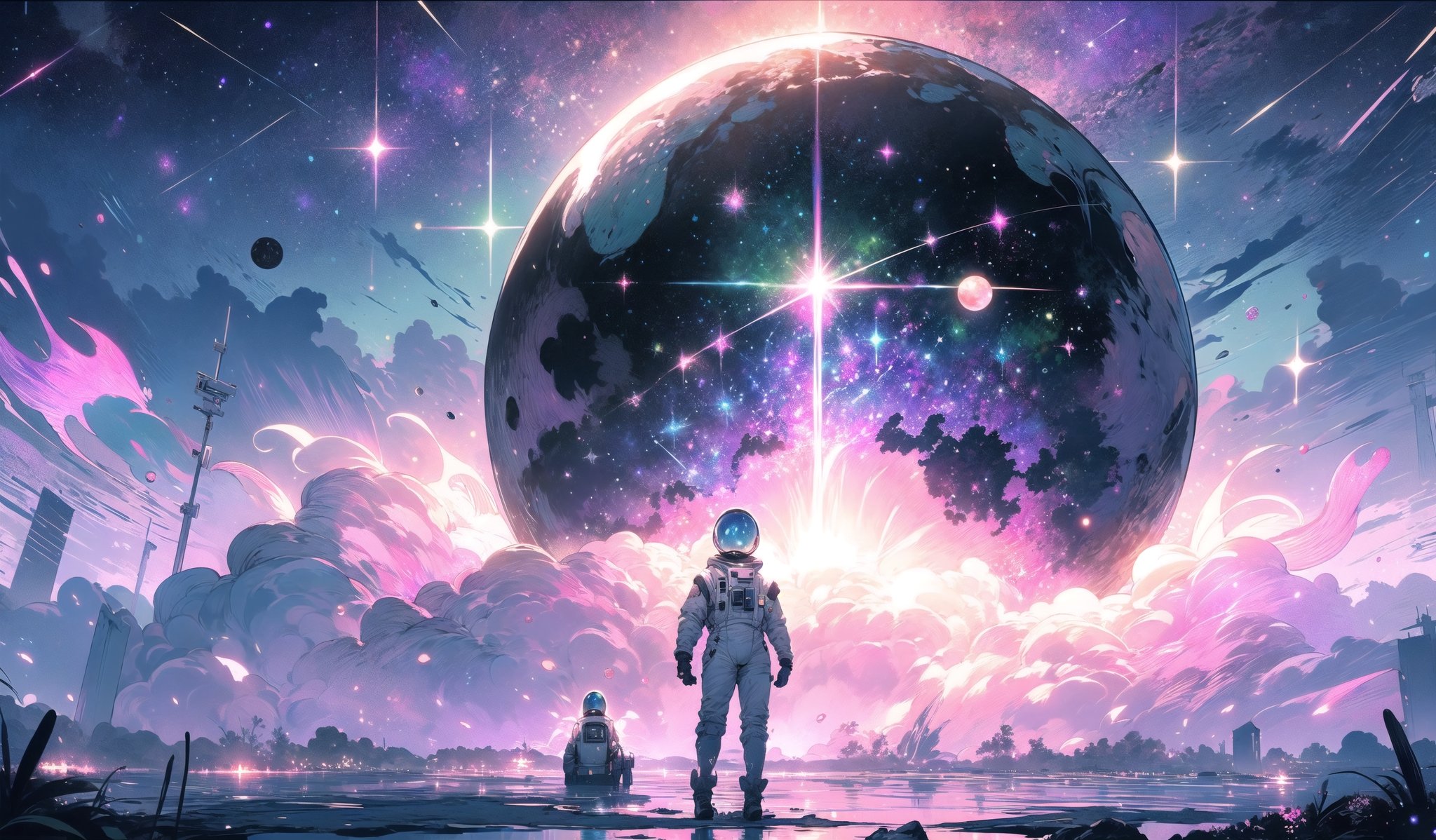 (masterpiece, best quality:1.2), pixiv, 8k, ultra-detailed, (multicolored background, colorful:1.3), gradient background, (pastel colors, pink theme, blue theme, green theme, purple theme:1.4), (Gradation color:1.2),

BREAK,

space odyssey, space, galaxy, milky way, star, planet, light particles, desert, satellite, (cloudy sky, fog:1.3, (scenery:1.4), wide shot,

BREAK,

space suit, space helmet,
standing, looking up,