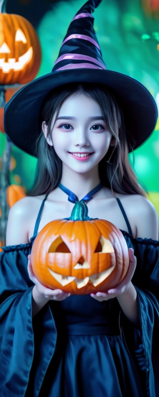 ((1 girl with Halloween costume and wizard hat holding a halloween pumpkin , in the halloween night festival,adorable, happy)),  (8k, best quality, masterpiece:1.2), best quality, ultra highres, a chest up watercolor painting of a beautiful student model, looking at viewer, shoulder, dark chignon, kind smile, greasy lips, hair ribbons, white strapless tops, colorful tone, (black+blue+pink+green color:1.2), extremely luminous bright design, pastel colors, (ink:1.3), early spring lights, wet on wet, paper texture, on papar,cutegirlmix, perfect breasts, see_through