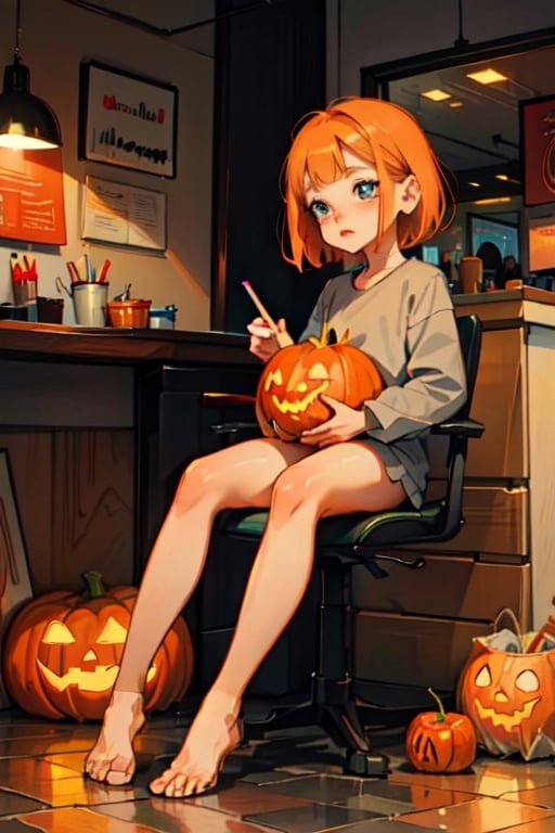 loli, a halloween girl holding a halloween pumpkin,the pink fur beautiful, body, full body,short hair, orange hair, sitting, black eyes, correct_anatomy, original_character, saki,girl, flat_color,SAM YANG