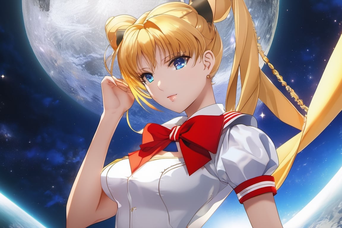 (((3 stars in a banana))) (a beautiful Japanese model),Masterpiece, Full: 1.3, Stand, 8K, 3D, Realistic, Ultra Micro Shooting, Top Quality, Extreme Detail CG Unity 8K Wallpaper, from below, intricate details, 27 years old, (meishaonv Sailor Venus super sailor venus mer1, Tiara, Sailor Senshi Uniform Sailor: 1.2, Sailor Venus: 1.2), Impossibly long bright twin-tailed blonde, thin and very long straight twin-tailed blonde, hair bun, red round hair ornament in a hair bun, Sailor Senshi uniform, (blue collar, blue sailor collar, blue pre-gate mini skirt: 1.3, very large red bow on the chest: 1.3, long white latex gloves: 1.3, red gloves on the elbows, Very large red bow behind the waist: 1.1, cleavage is looking large, golden tiara, earrings), (face details: 1.5, bright blue eyes, beautiful face, beautiful eyes, shiny eyes, thin lips: 1.5, thin and sharp pale eyebrows, long dark eyelashes, double eyelashes), luxurious golden jewelry, huge white wings,thin, thin and muscular, small face, big breasts, perfect proportions, Thin waist, sexy model pose, visible pores, seductive smile, perfect hands: 1.5, high-leg swimsuit, very thin and fit high-gloss white holographic leather, octane rendering, very dramatic image, strong natural light, sunlight, exquisite lighting and shadow, dynamic angle, DSLR, sharp focus: 1.0, Maximum clarity and sharpness, (space background, moonlight, moon, dynamic background, detailed background)
,sv1