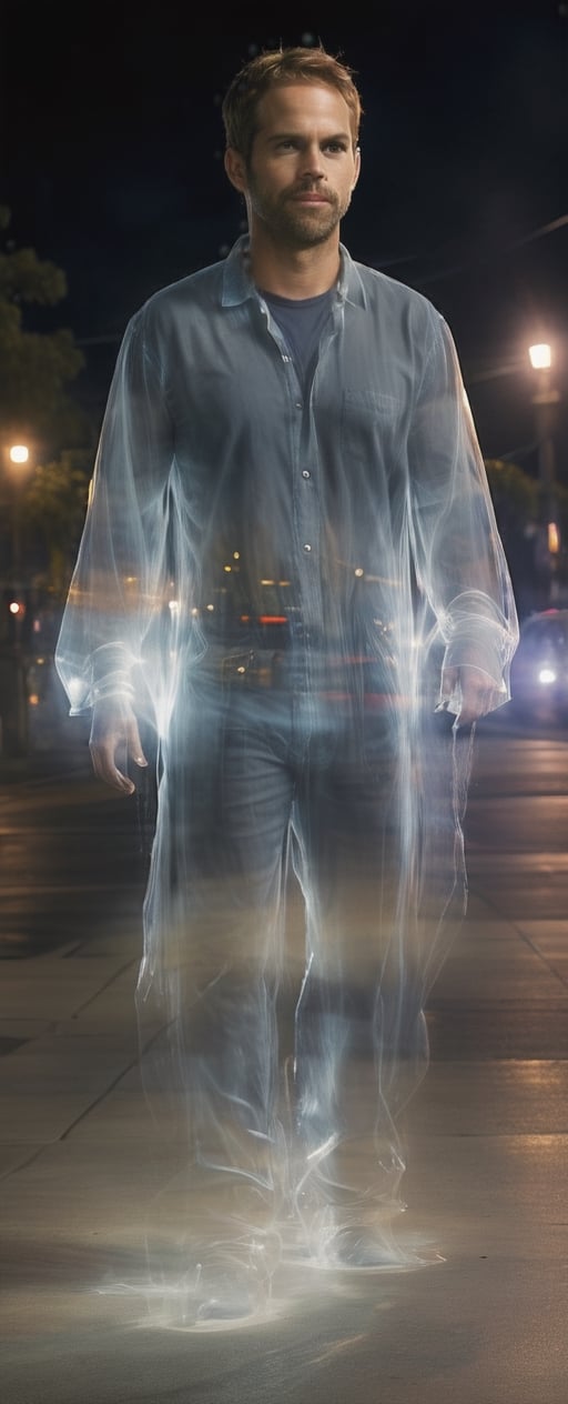 a photo of transparent ghost paul walker at night