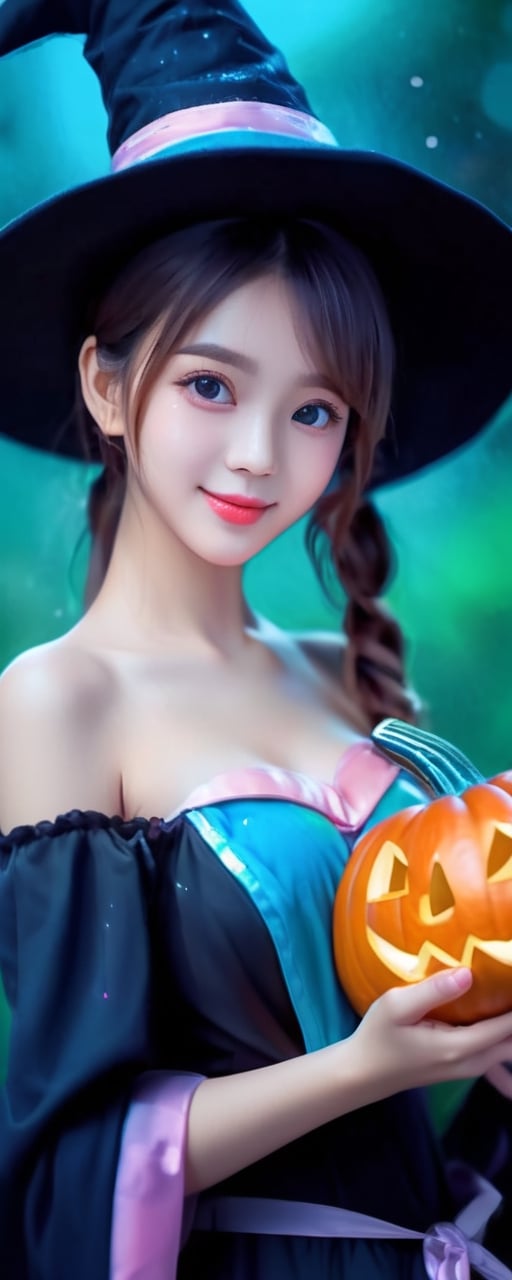 ((1 girl with Halloween costume and wizard hat holding a halloween pumpkin , in the halloween night festival,adorable, happy)),  (8k, best quality, masterpiece:1.2), best quality, ultra highres, a chest up watercolor painting of a beautiful student model, looking at viewer, shoulder, dark chignon, kind smile, greasy lips, hair ribbons, white strapless tops, colorful tone, (black+blue+pink+green color:1.2), extremely luminous bright design, pastel colors, (ink:1.3), early spring lights, wet on wet, paper texture, on papar,cutegirlmix, perfect breasts, see_through