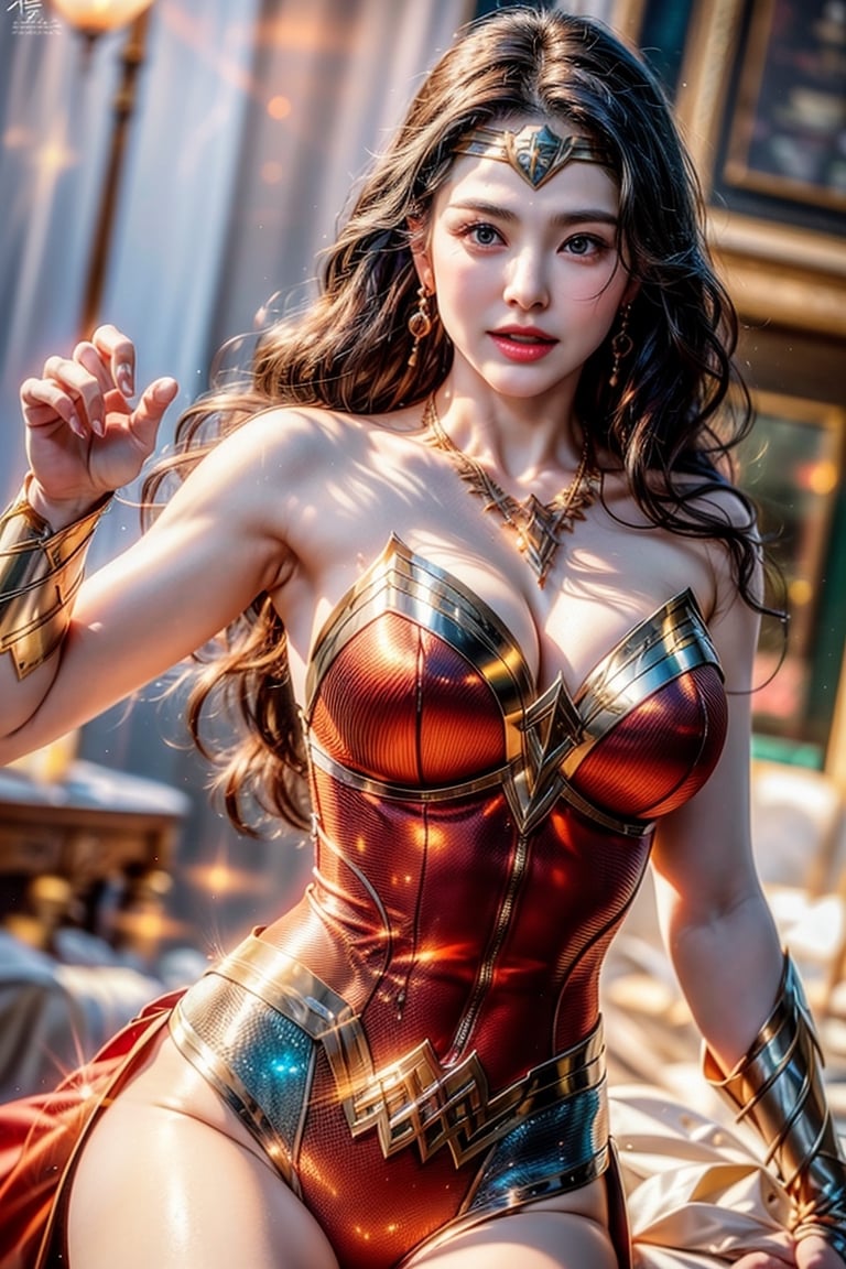 wonder woman kicking,opening legs, Japanese model girl, (1girl, solo), (wonder woman costume:1.2), 23yo, high ponytail, [long] black straight hair, huge natural breasts, narrow waists, (aqua earrings, diamond necklaces), (charming smile), [white teeth], hair blown by the breeze, 

(upper body portrait), looking at viewer, (pose, kicking), cinematic shot, natural and soft lighting, 

(normal body structure), (correct proportions), (normal limbs and fingers), better_hands, 
(masterpiece, best quality:1.4), (beautiful, aesthetic, perfect, delicate, intricate:1.2), (realistic:1.3)