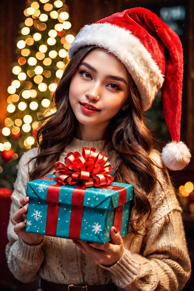 masterpiece,(best quality:1.4),ultra-detailed,1 girl with a santa hat giving a xmas gift ,22yo,wear winter elegant outfit,,high resolution,genuine emotion,wonder beauty ,Enhance, vivid colors, ,Enhanced All,photo r3al