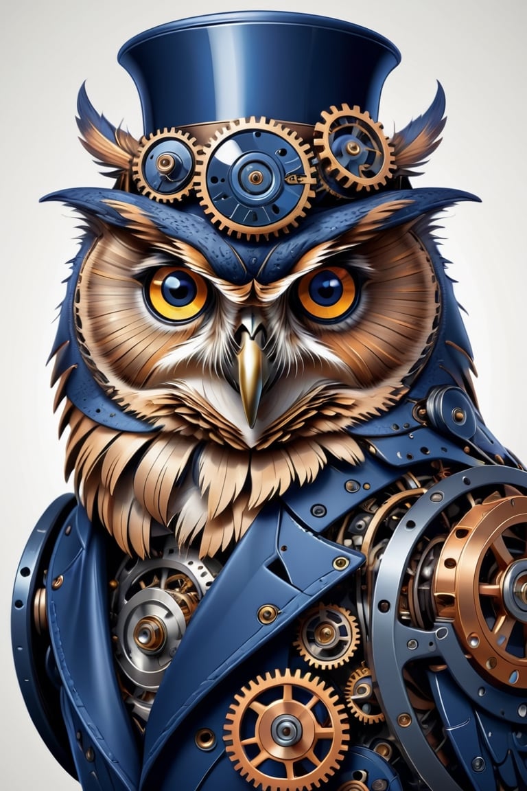 Portrait of an owl, steampunk, indigo blue, colorful, illustration, highly detailed, simple, smooth, and clean vector, no jagged lines, vector art, smooth, made all with grey colored gears inspired by future technology