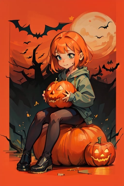 loli, a halloween girl holding a halloween pumpkin,the pink fur beautiful, body, full body,short hair, orange hair, sitting, black eyes, correct_anatomy, original_character, saki,girl, flat_color,SAM YANG