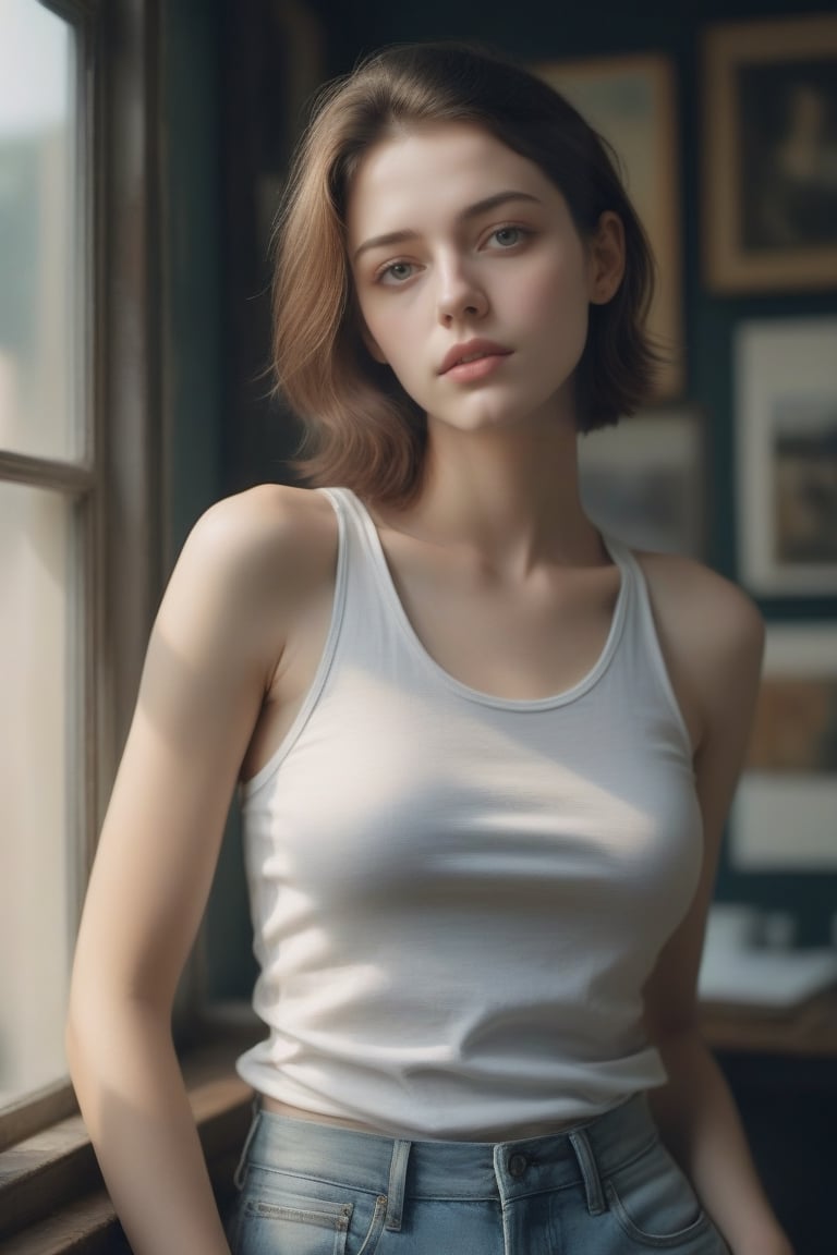 Beautiful woman wearing a tanktop no bra, analog photograph, professional fashion photoshoot, hyperrealistic, masterpiece, trending on artstation,krrrsty