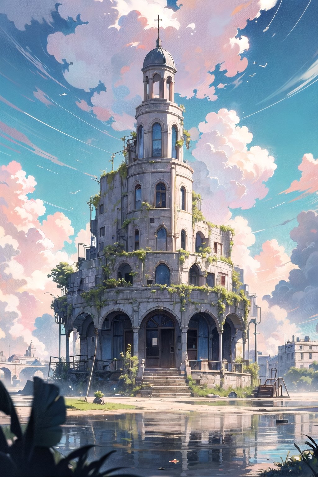 (fulldetail), (4k), 8k, scenery, sky, outdoors, day, building, water, bluesky, water craft, boat, reflection, flower, The scene is filled with broken buildings, crumbling ruins, overgrown vegetation, and a sense of desolation.decorated with colorful drawings, scattered books, and remnants of a world that once was. The air is heavy with a mixture of dust and nostalgia,midjourney,4esthet1c