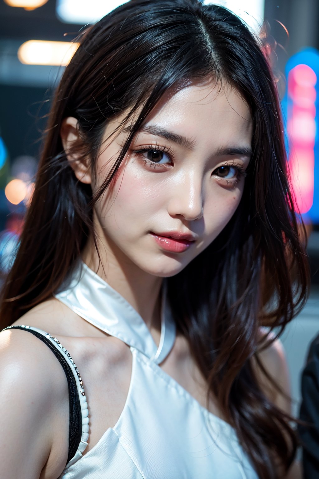 Close-up, Masterpiece, Best Quality, Raw Photo, Photorealistic, Smile, Beautiful Girl, Cute Little, Long Hair, Cyberpunk White Ao Dai, Cyberpunk Costume, Blade Runner City, Depth of Field, High Resolution, Super Detail , detailed, highly detailed eyes face, sharp pupils, realistic pupils, beautiful eyes, cinematic lighting, high nose bridge