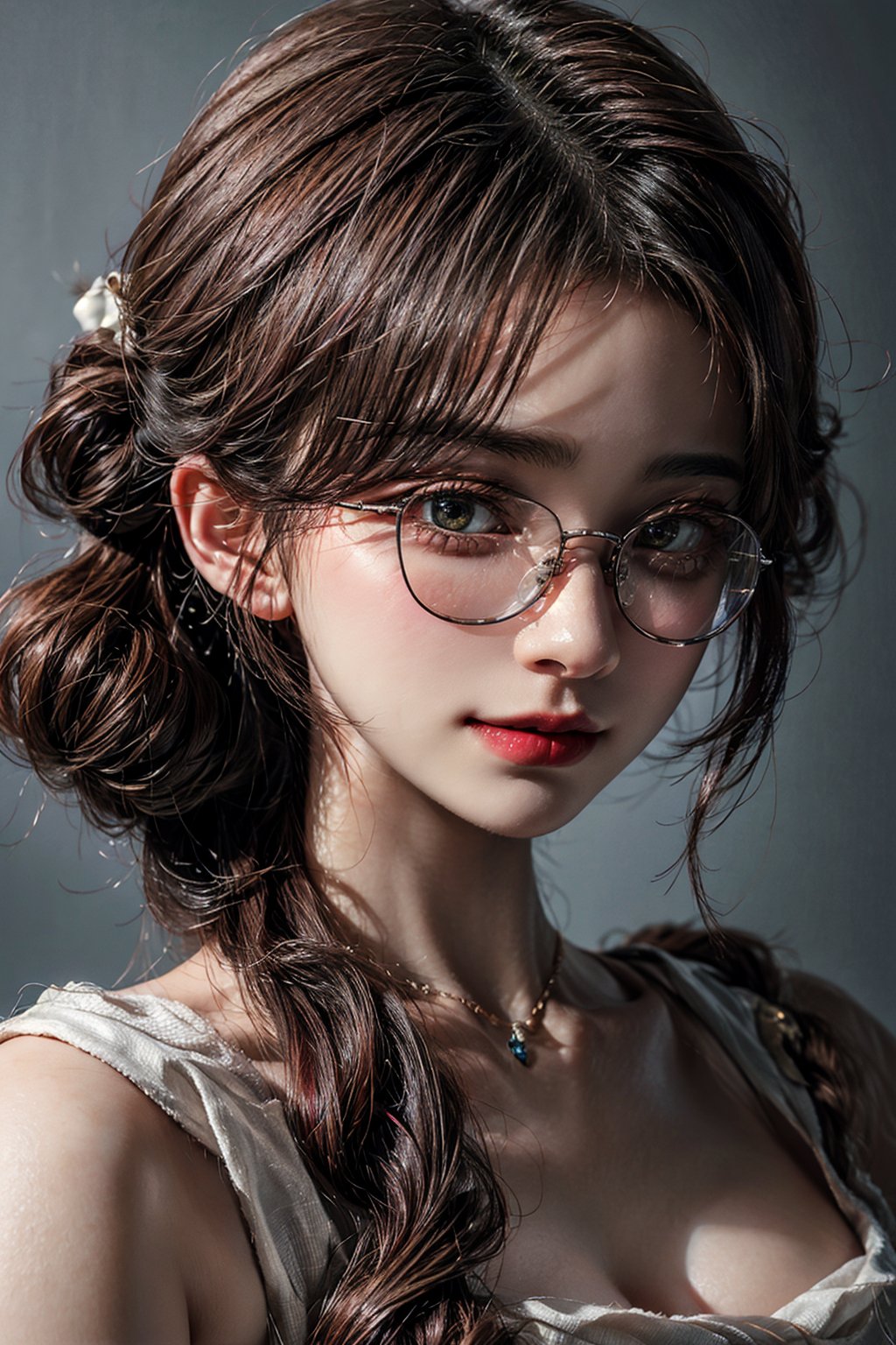 {{{masterpiece}}}, {{{best quality}}}, {{{ultra-detailed}}}, {cinematic lighting}, 1girl, (20 years old), amber_eyes, (elegant short white updo red highlights | multicolored_hair), oversized_glasses, perfect body, grey background, face focus, smirk, closed_mouth.