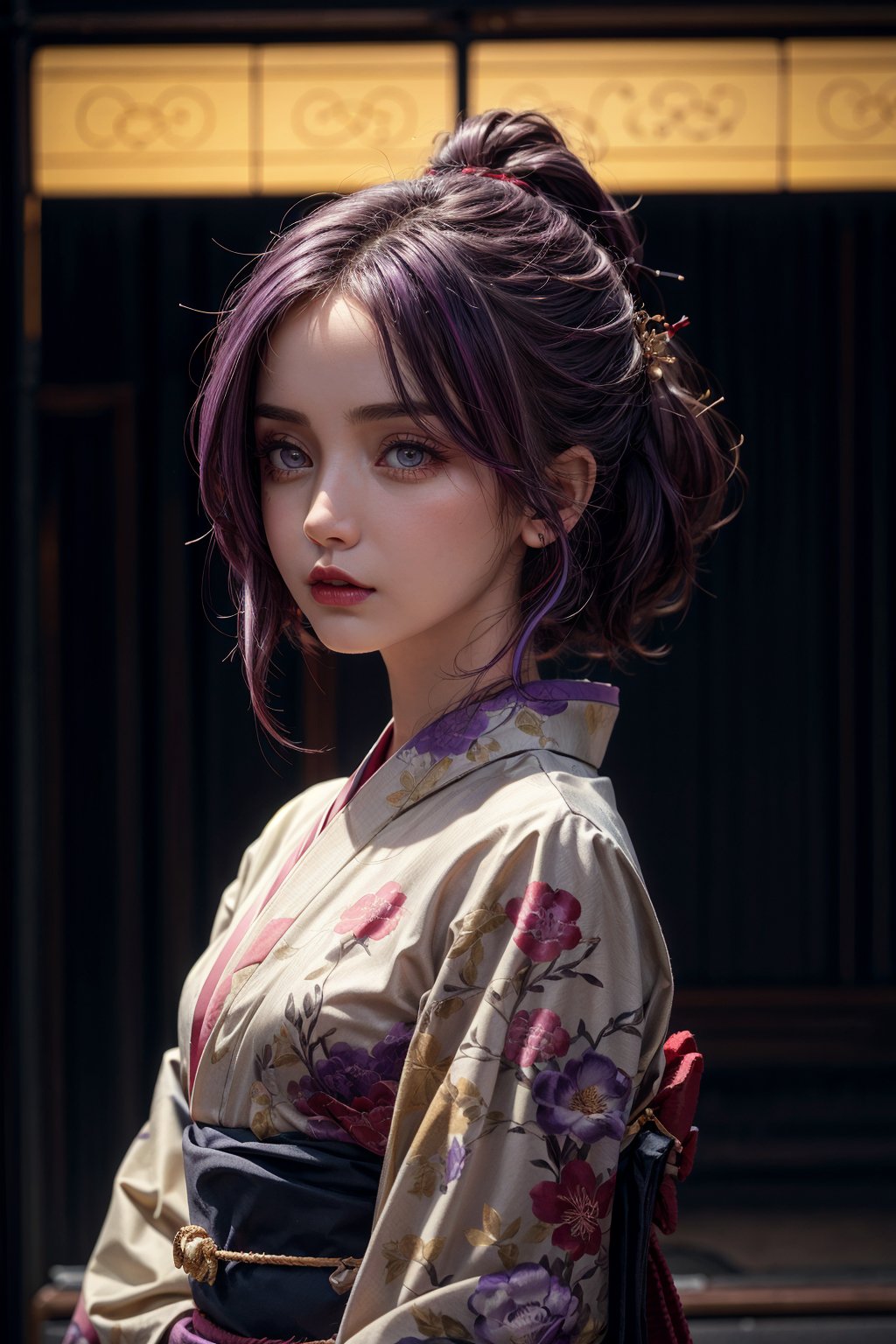 {{{masterpiece}}}, {{{best quality}}}, {{{ultra-detailed}}}, {cinematic lighting}, {frontal_view}, 1girl, short neat purple hair ((red highlights)), big golden eyes, small nose, natural makeup, wearing a kimono, perfect body, highly detailed, detailed eyes.,anamr