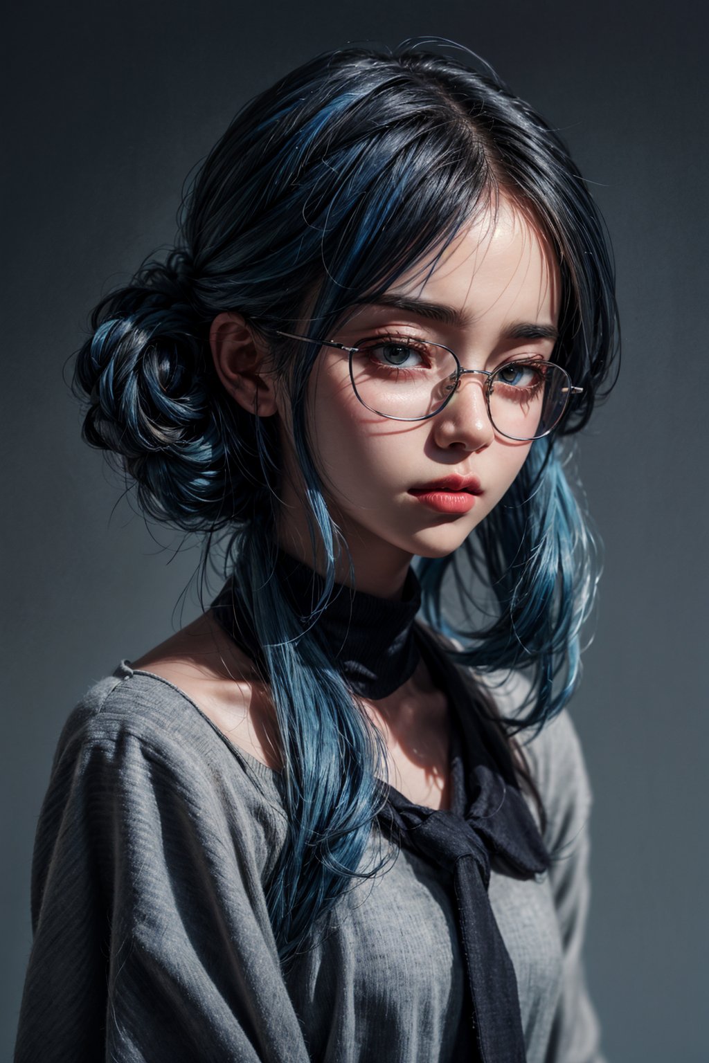 {{{masterpiece}}}, {{{best quality}}}, {{{ultra-detailed}}}, {cinematic lighting}, {frontal view}, 1girl, (20 years old), amber_eyes, medium_hair, updo, ((blue hair)), oversized_glasses, perfect body, grey background, face focus, cold_expression, closed_mouth, HeadpatPOV