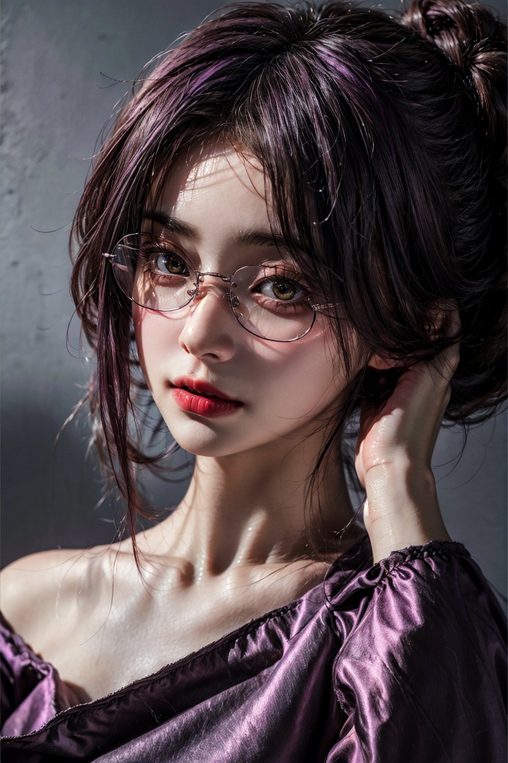 {{{masterpiece}}}, {{{best quality}}}, {{{ultra-detailed}}}, {cinematic lighting}, {frontal view}, 1girl, (20 years old), amber_eyes, (elegant short purple updo red highlights | multicolored_hair), oversized_glasses, perfect body, grey background, face focus, smirk, closed_mouth.