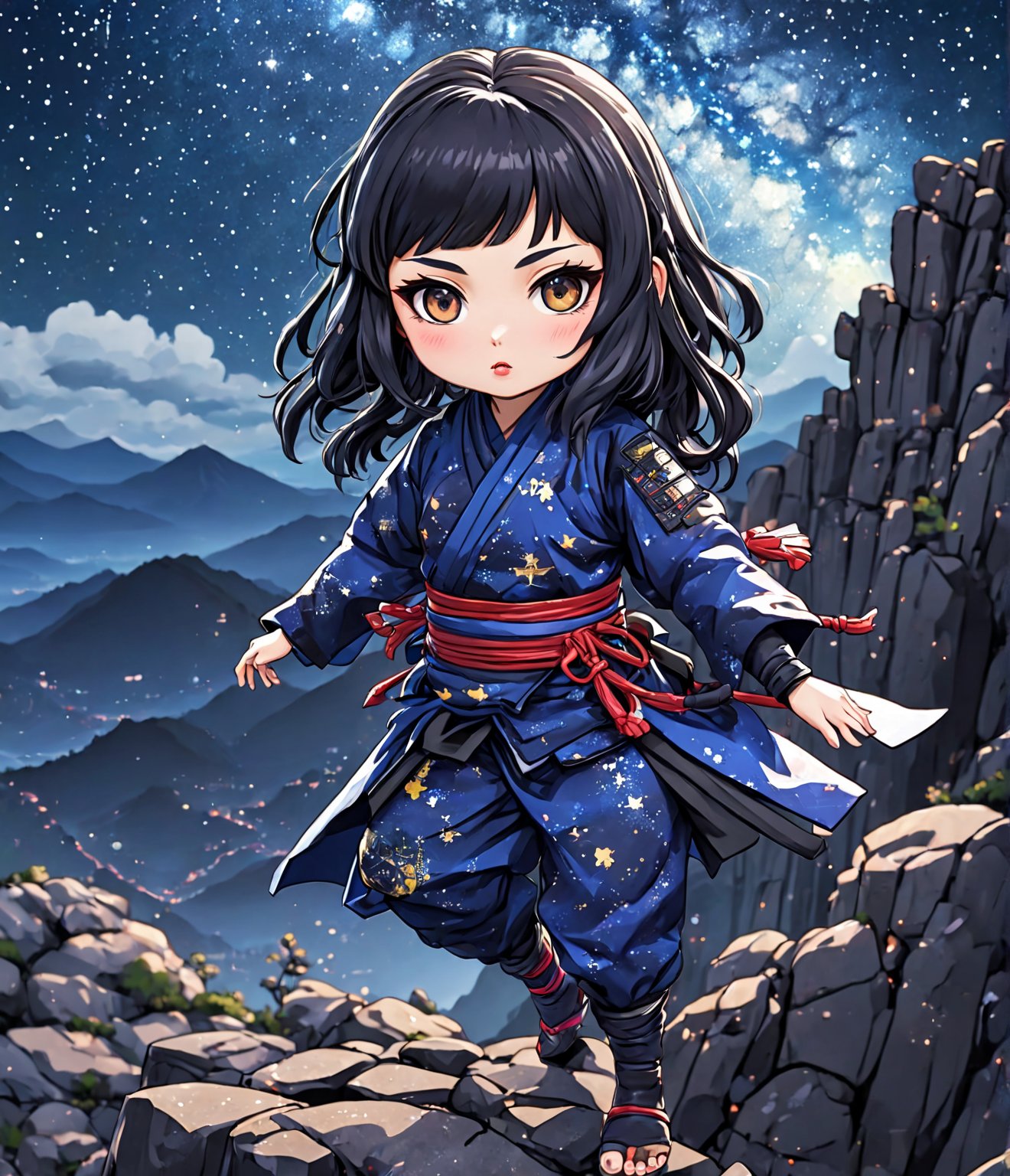 Masterpiece, 4K, ultra detailed, chibi anime style, strong female ninja with flawless makeup and glossy lips, long flowy hair wearing ninja outfit, on top of a rocky cliff, starry night, depth of field, SFW, Ukiyoe Art Style,