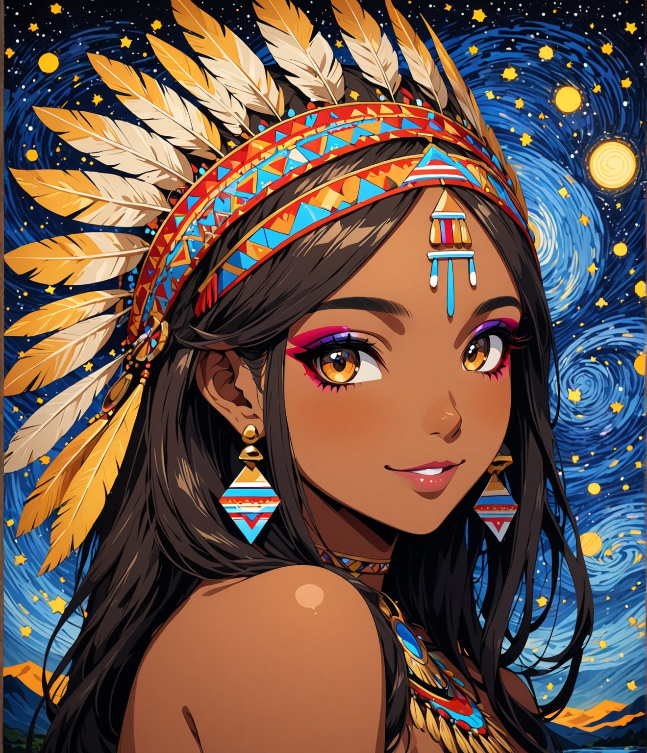 Masterpiece, 4K, ultra detailed, anime style, 1 brown skinned female American Indians chief smiling at viewers, beautiful flawless face with glamourous makeup, dangling earrings, more detail XL, SFW, starry night, depth of field, ,Ink art