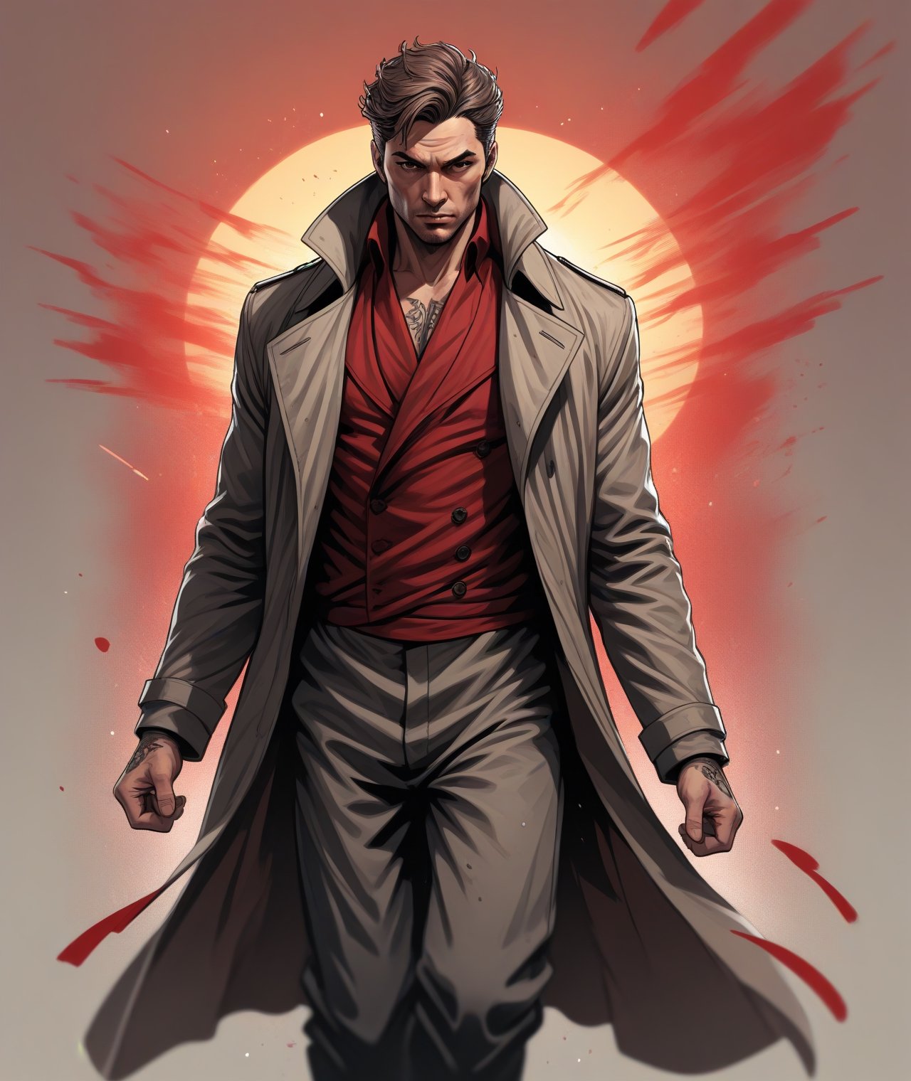 Solo, Mature Male fighter wearing long flowy trench coat with red stripes, tattoos on chest, detailed eyes, fighting stance poses, 4k, windy, highly detailed, (full body portrait), dynamic angle, ink splash style, sunset, more detail XL,,<lora:659095807385103906:1.0>