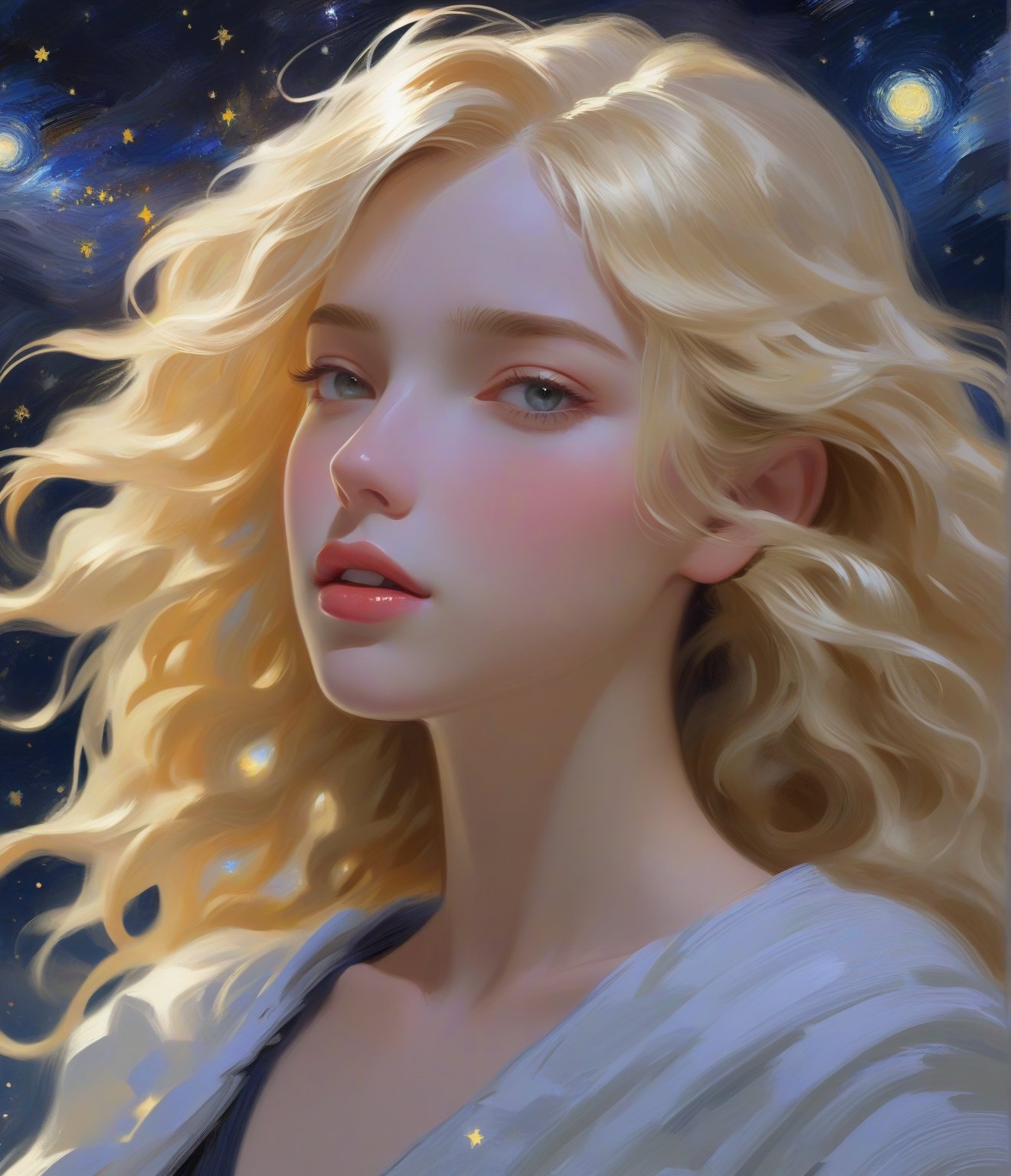 Masterpiece, 4K, ultra detailed, 1 beautiful woman with blonde hair and glossy lips, windy starry night, SFW, depth of field, oil painting, illustration style,style by nty