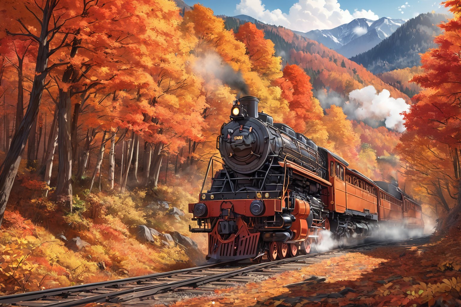 (masterpiece, high quality, 8K resolution, ultra detailed), steam locomotive passing through a forest during autumn, red and orange fall foliage, depth of field, mountainous landscape background, vector drawing, illustration,