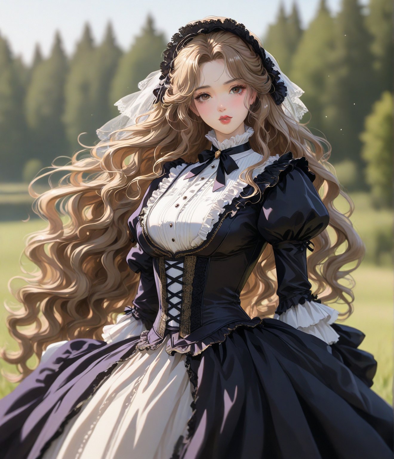 Masterpiece, 4K, ultra detailed, anime Style, 1 beautiful woman with long wavy hair and glossy lips wearing traditional Victorian outfit, SFW, depth of field,shuimo style