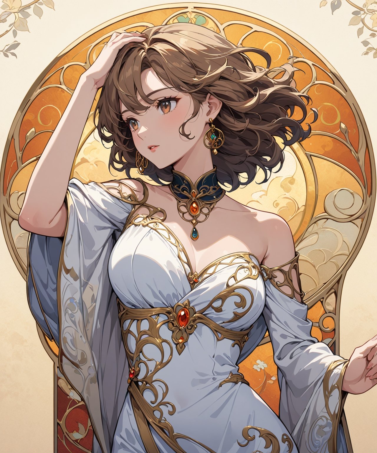 Masterpiece, 4K, ultra detailed, ((solo)), anime style, beautiful mature woman with 1 hand above head, beautiful hazel eyes and gold earrings, windy outdoor, more detail XL, SFW, (Art Nouveau style),