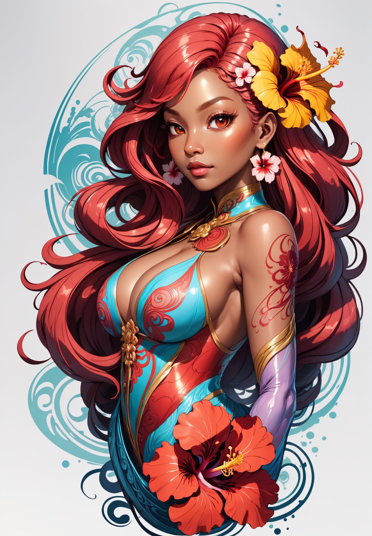 thin and thick color lines stroke, splash art, 1 liquid luminous scarlet hair brown skin lady made of colors, liquid hibiscus flowers, filigree, filigree detailed, swirling waves, intricated pose, big beautiul eyes, slim waist, oni style,oni style