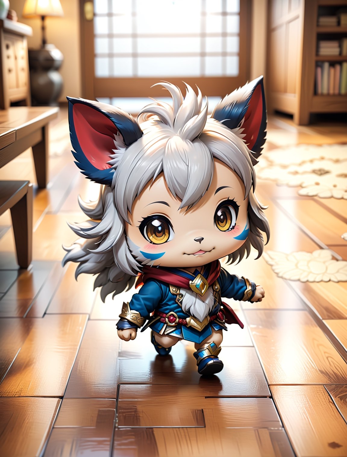 ((anime chibi style)), mythical animal walking on the floor, cozy setting, dynamic angle, depth of field, detail XL, (anime)