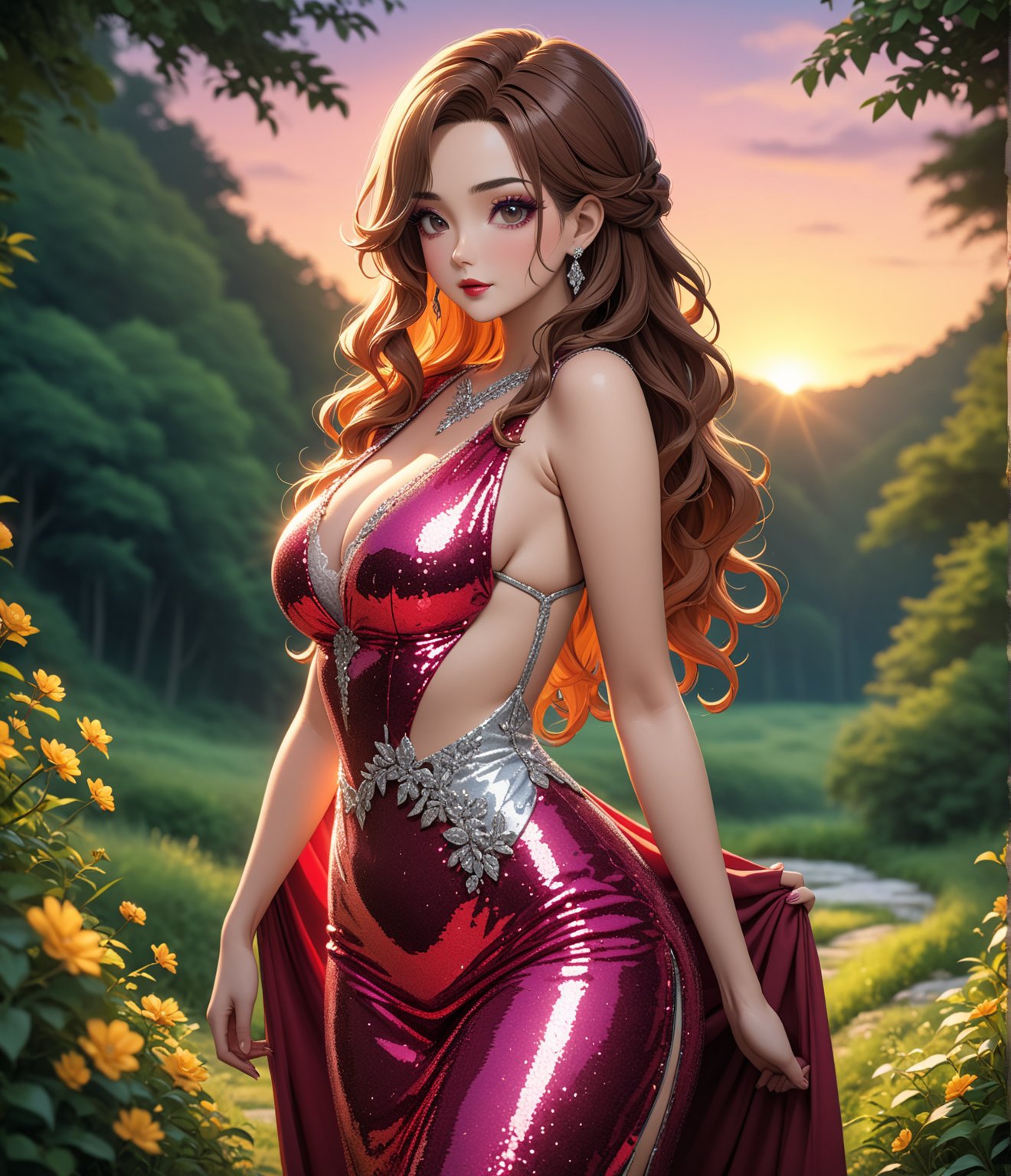 Masterpiece, 4K, ultra detailed, anime style, beautiful long hazel and red ombre hair mature woman, in a flowering forest pathway wearing short sequin dress with lace trimming, glamorous makeup, epic sunset, more detail XL, SFW, depth of field,