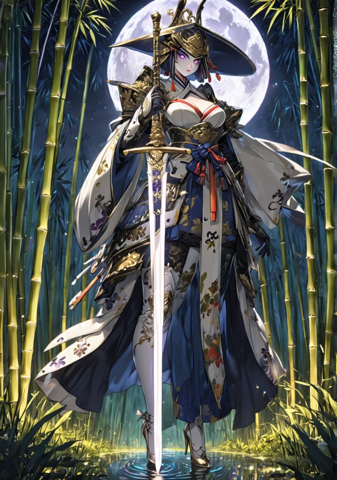 Masterpiece, 4K, ultra detailed, ((solo)), anime art style, beautiful swordswoman, beautiful detailed eyes and glamorous makeup ,white stilettos high heels and stockings, bamboo forest at nighttime, moonlight, more detail XL, SFW, depth of field, glowing sword, ,kabuki