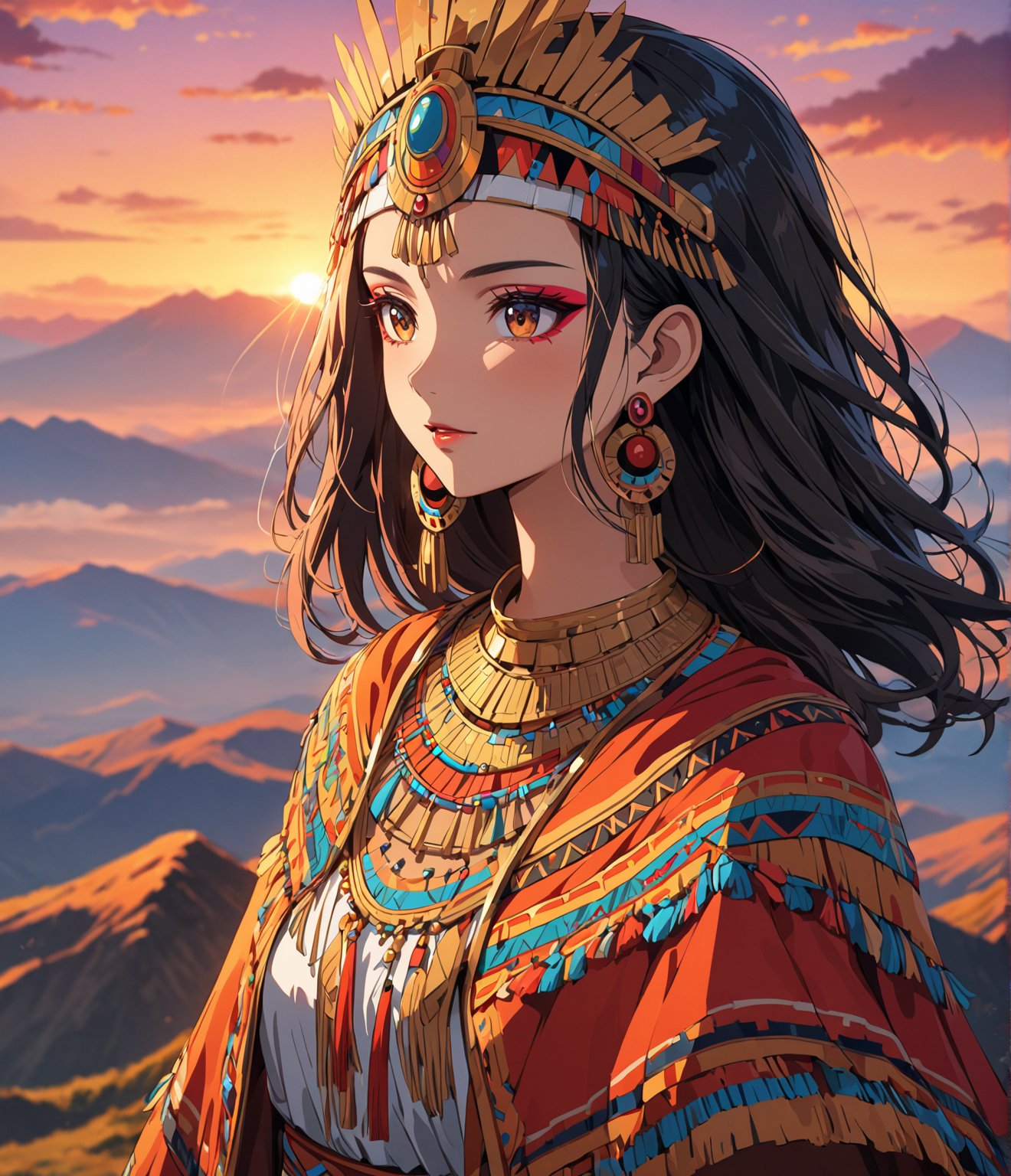 Masterpiece, 4K, ultra detailed, anime style, solo, 1 ancient Inca woman wearing a flowy cape on a mountain top, beautiful flawless face with glamourous makeup, dangling earrings, colorful headpiece, epic sunset, windy, more detail XL, SFW, depth of field,