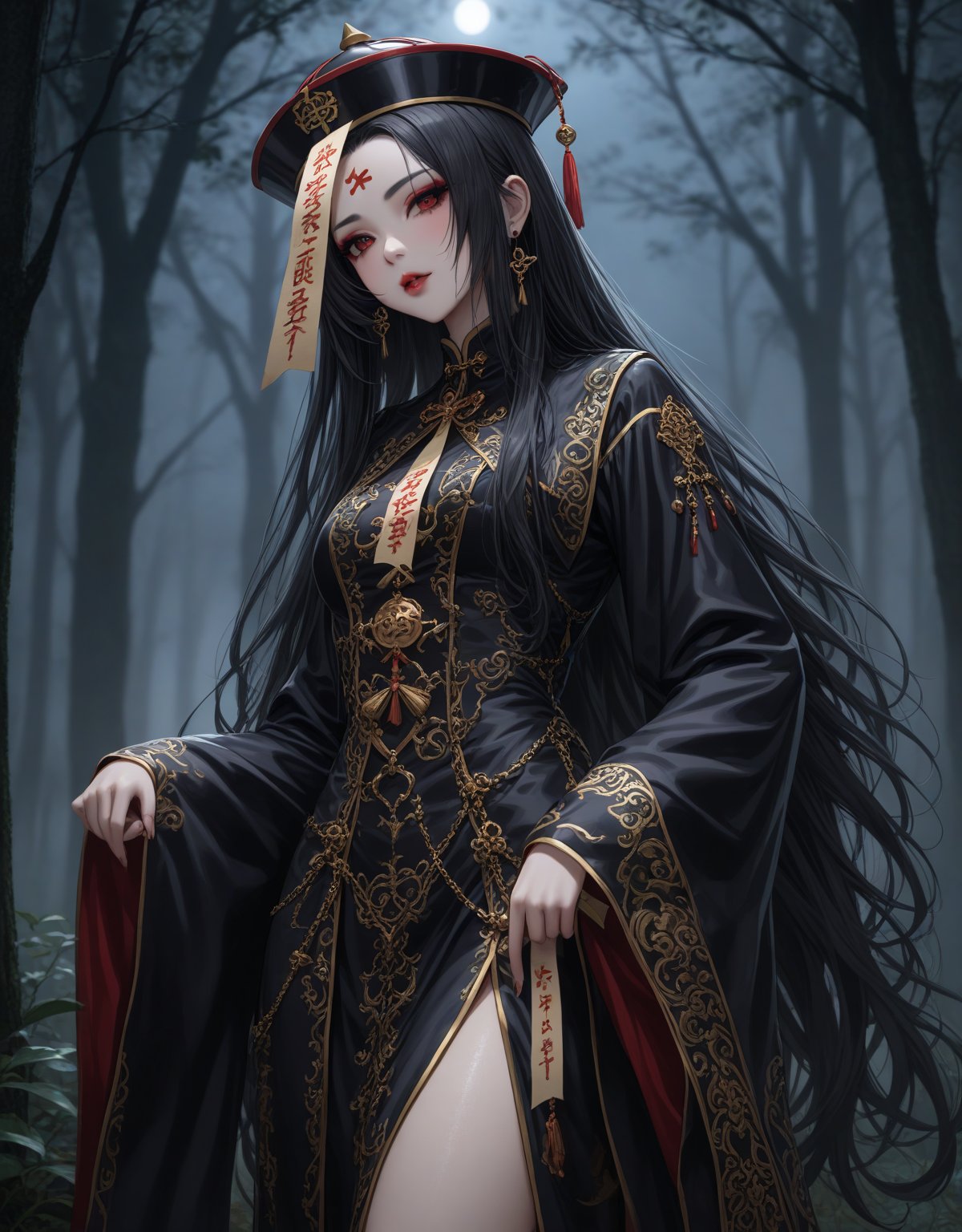 Masterpiece, 4K, ultra detailed, female Jiangshi with flawless goth makeup, paper talisman on forehead and glossy lips, golden earring, wavy long hair, dark silk robe with very long sleeves, in a misty dark forest, moon lights, depth of field, SFW, more detail XL,