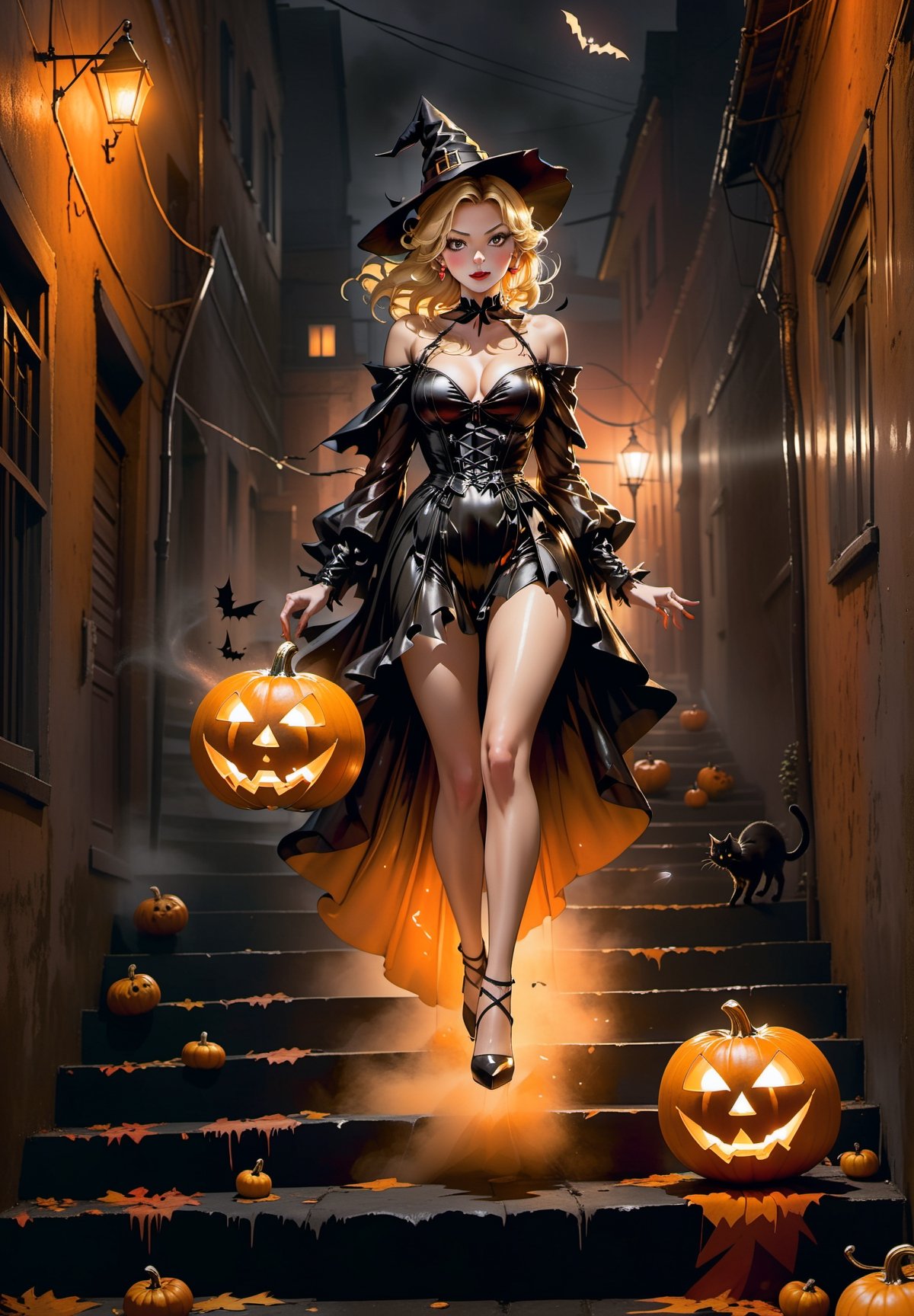 full body closeup, Photorealistic art style, a beautiful blonde woman in witch costume and high heels, throwing a pumpkin at the viewers, motion, artistic, artist, simple volumtric light backgroung walking down a stair in a dark alley, black cat crossing in the foreground, ColorART, windy and misty,