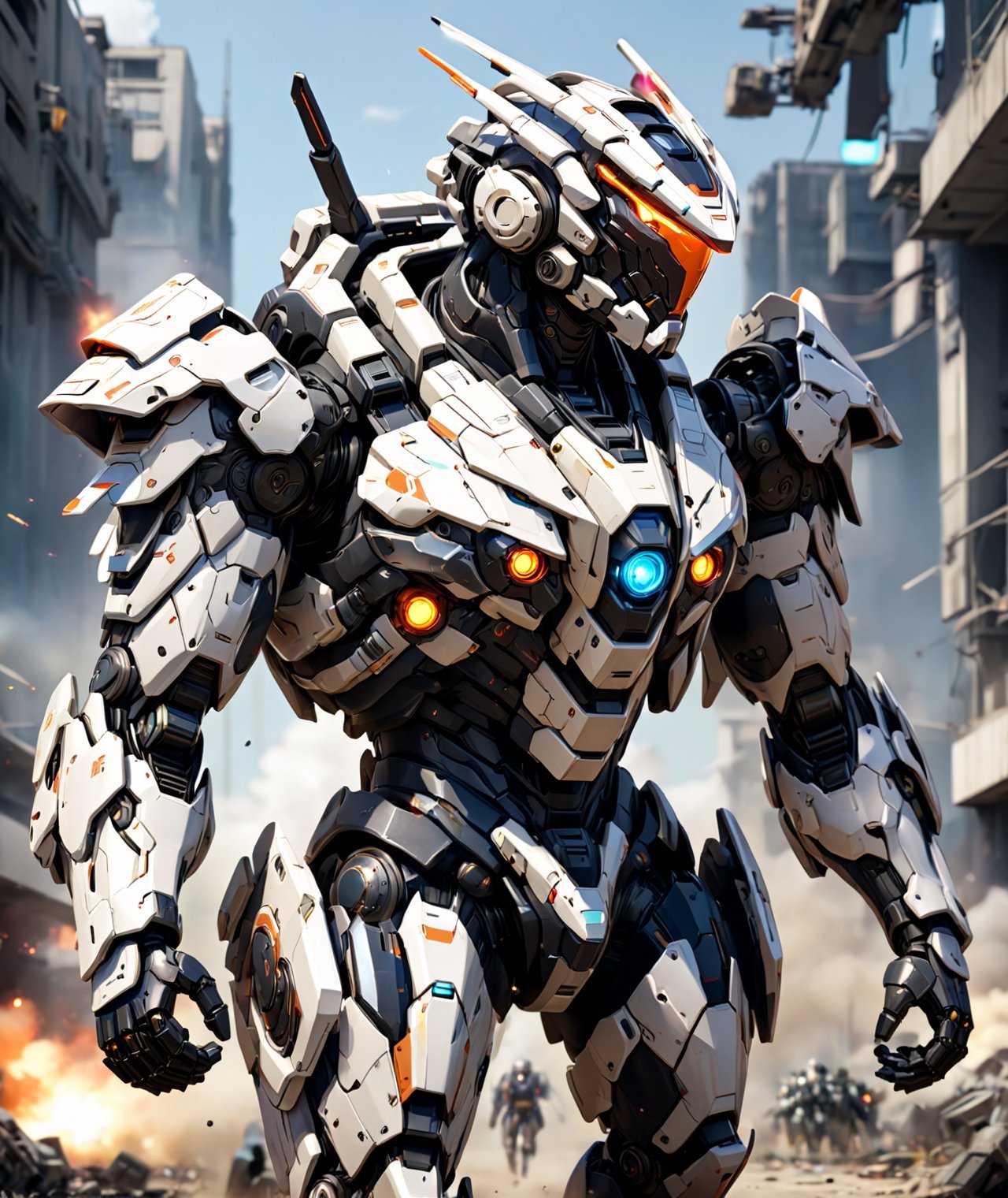 anime style, futuristic mech armor power suit in a warzone, moving in high speed, dynamic angle, more detail XL,