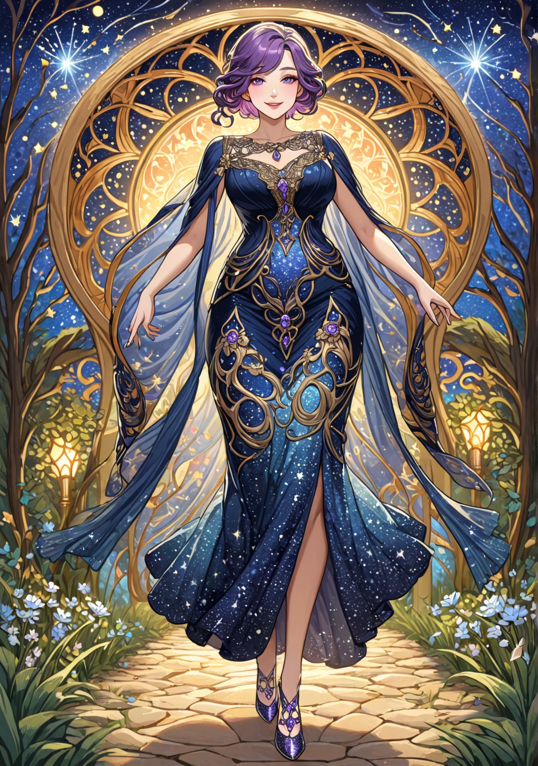 Masterpiece, 4K, ultra detailed, beautiful black and purple ombre hair mature woman walking in a flowering forest pathway wearing short sequin dress with lace trimming, perfect makeup and smiling, sparkly stilettos high heels, epic starry night, more detail XL, SFW, depth of field, (art nouveau style),